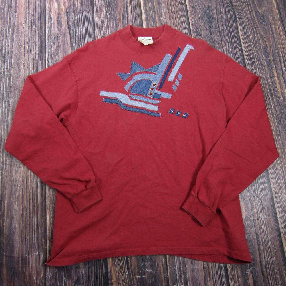 Vintage Nu Views TShirt Womens L Red Embroidered Studded Long Sleeve Granny Core